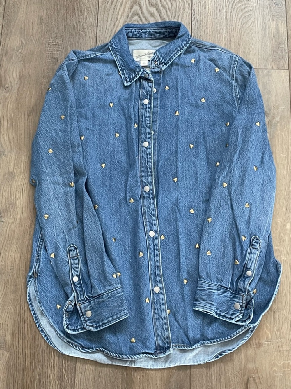Universal Thread Light Blue Denim Button-Up Shirt with Gold Stitching